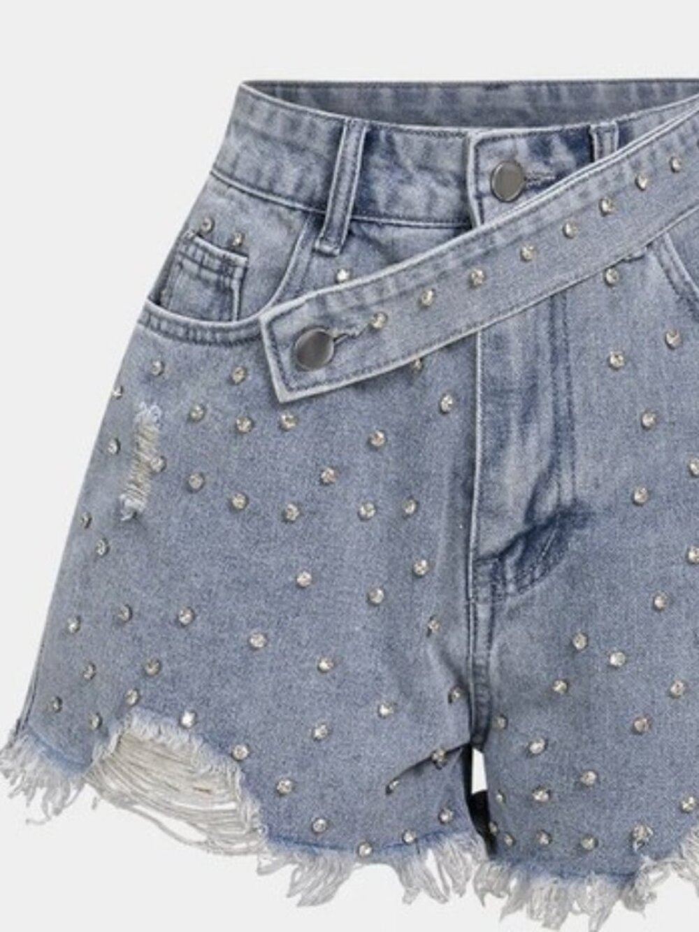 Denim Ripped Rhinestone Asymmetrical Shorts - Picture 2 of 6